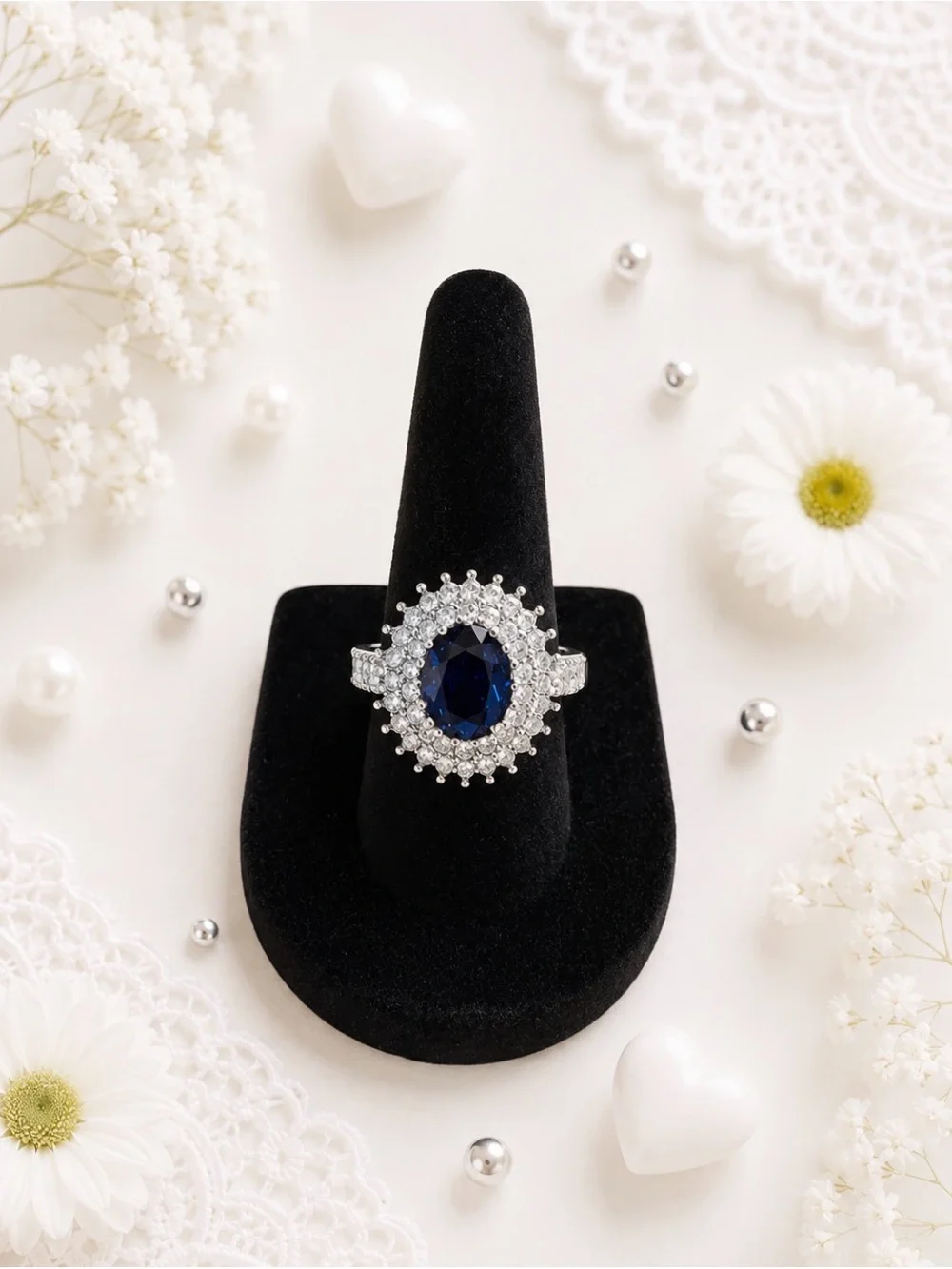 Elegant Silver-Tone Oval Dark Blue Stone With Cluster of White-Statement Ring